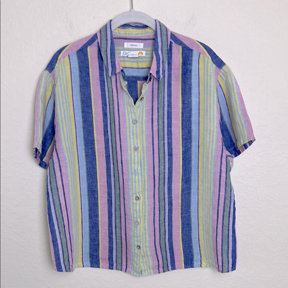C&C California 100% Linen Pastel Stripe Short Sleeve Button Front Shirt Sz M
